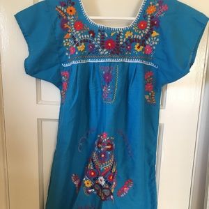 Traditional Mexican Embroidered Blue Tunic Dress